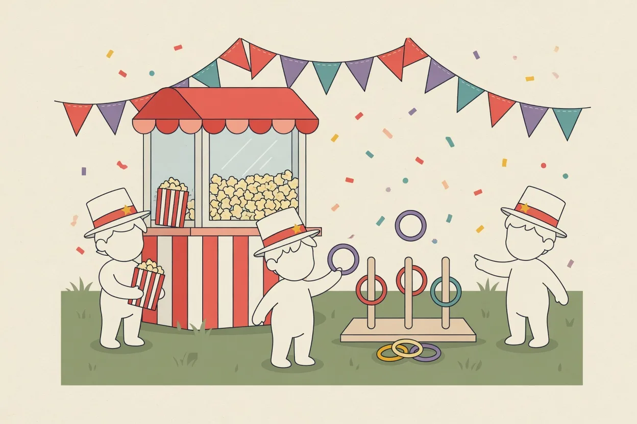 Illustration of a backyard circus with a red-and-white striped popcorn stand, a ring-toss game, bunting flags and children in paper ringmaster hats