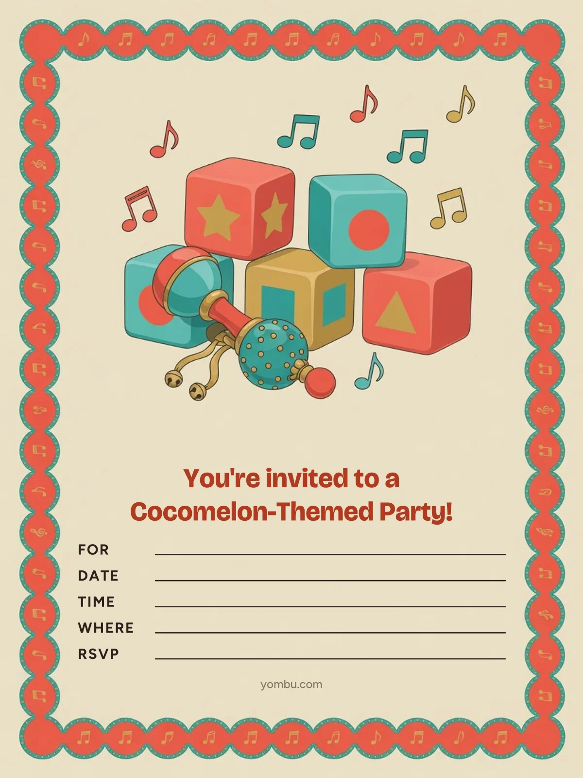 Printable toddler singalong party invitation card with primary-colored shapes, a train motif and blank lines for the date, time and address
