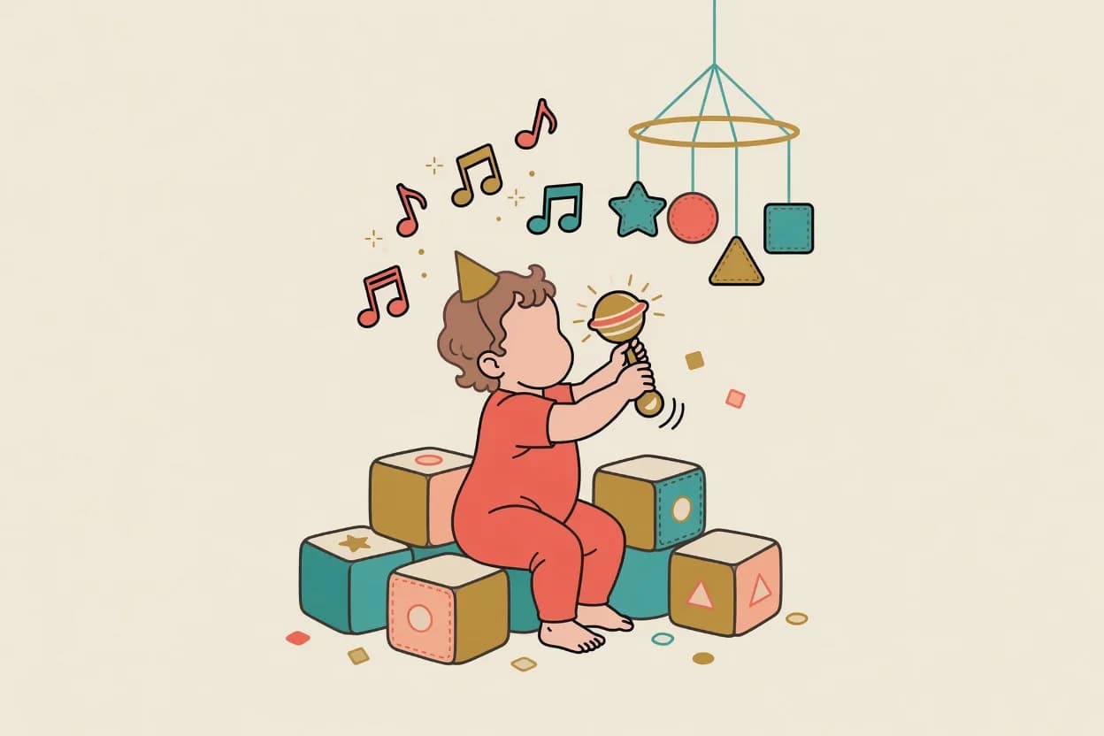 Illustration of a cartoon toddler singalong birthday party in a bright playroom, with primary-colored balloons, a train-shaped banner, stacked building blocks and a number-shaped cake on a low table