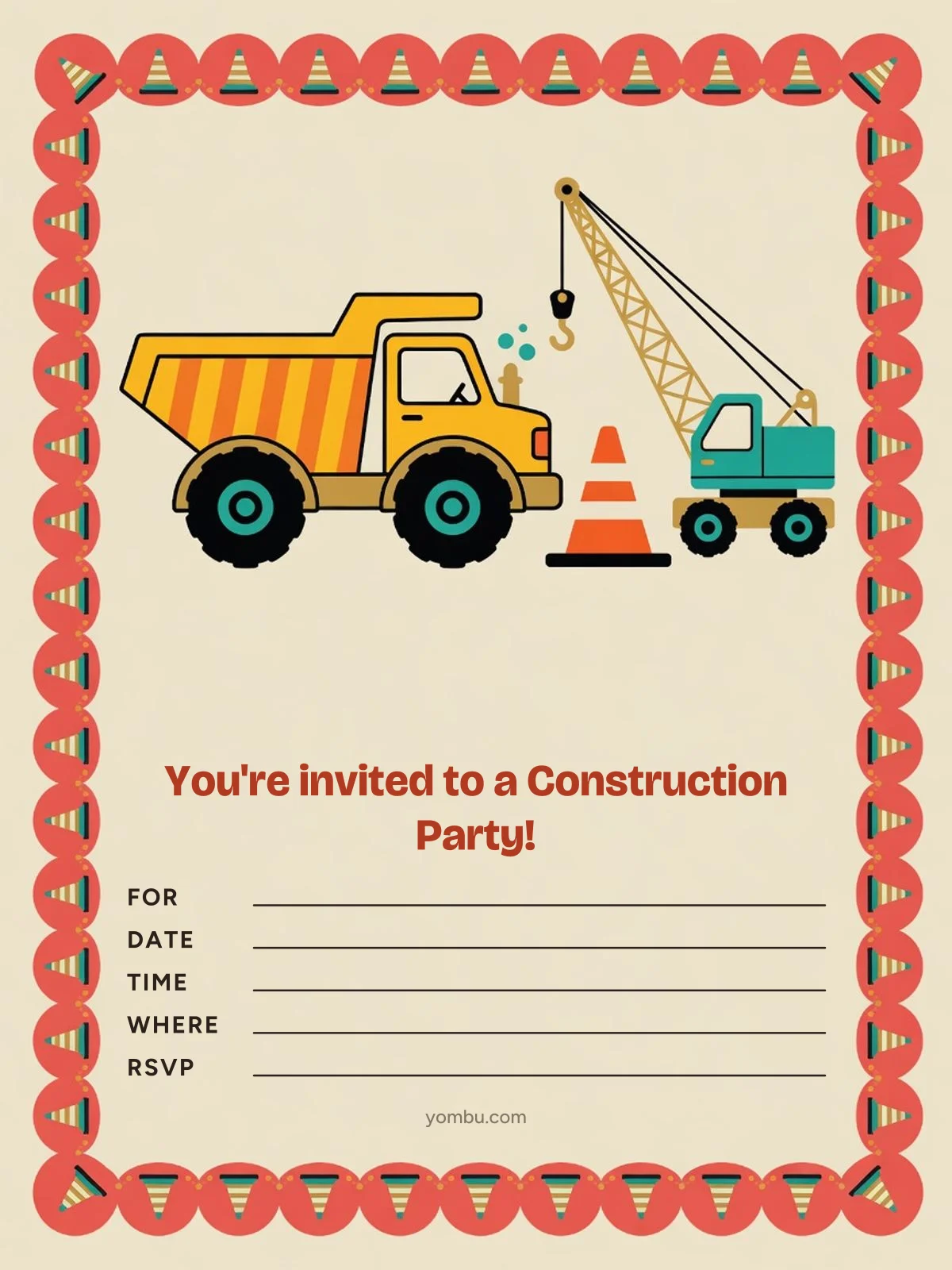 Printable construction party invitation card with a yellow digger, caution tape border and blank lines for the date, time and address