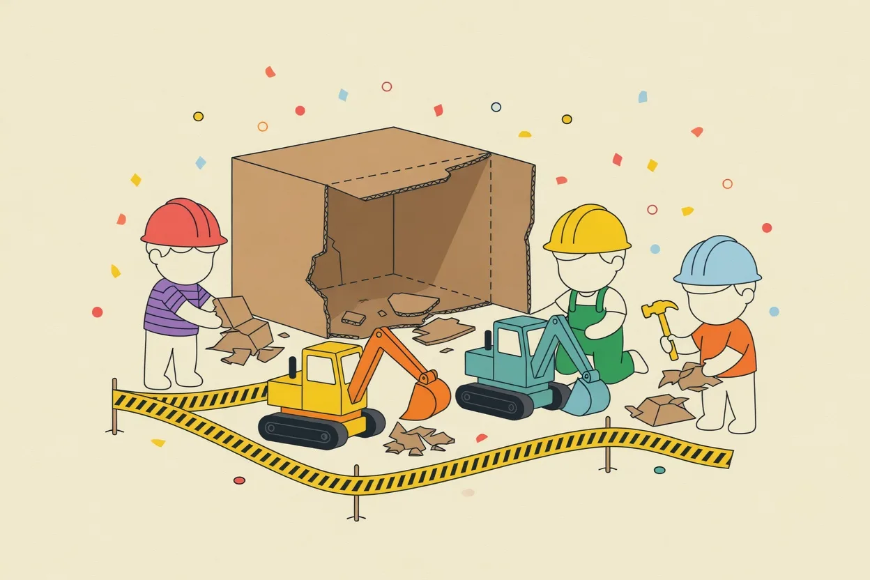 Illustration of a construction-themed party with a cardboard-box demolition zone, yellow caution tape, toy diggers and children in paper hard hats