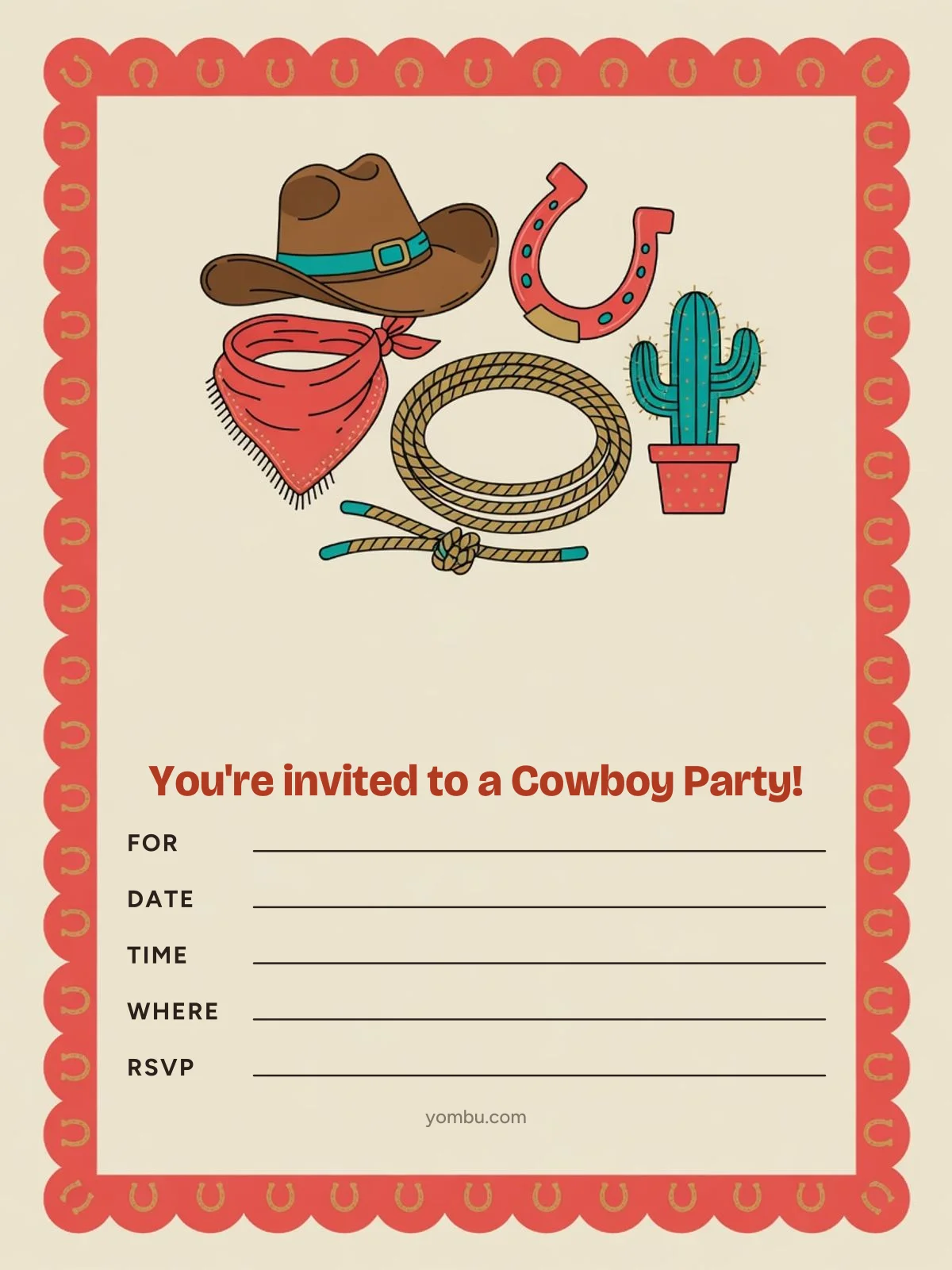 Printable cowboy party invitation card with a bandana, a cowboy hat and a lasso rope illustration, with blank lines for the date, time and address