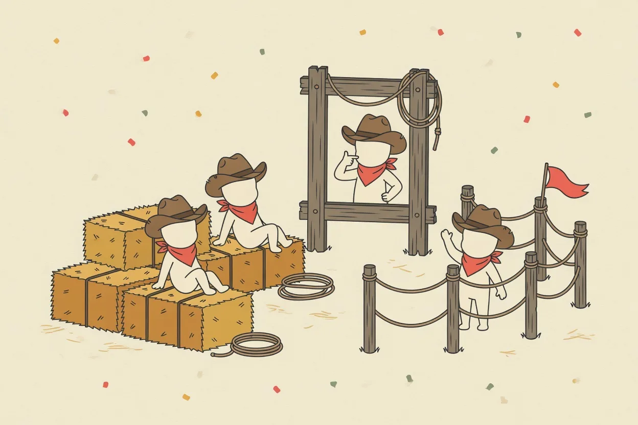 Illustration of a backyard cowboy party with a hay-bale seating area, a wooden wanted-poster photo frame, a rope corral and children wearing red bandanas and cardboard cowboy hats