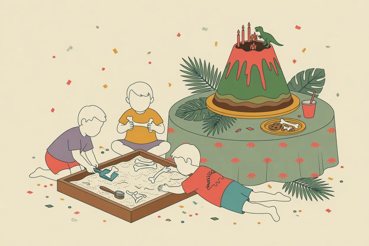 Illustration of a dinosaur-themed party table with a green volcano cake, paper palm leaves and children digging in a sand tray for bones