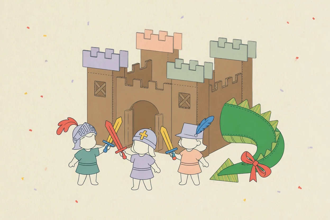 Illustration of a cardboard castle fort with paper battlements, a green fabric dragon tail, foam swords and children in paper knight helmets