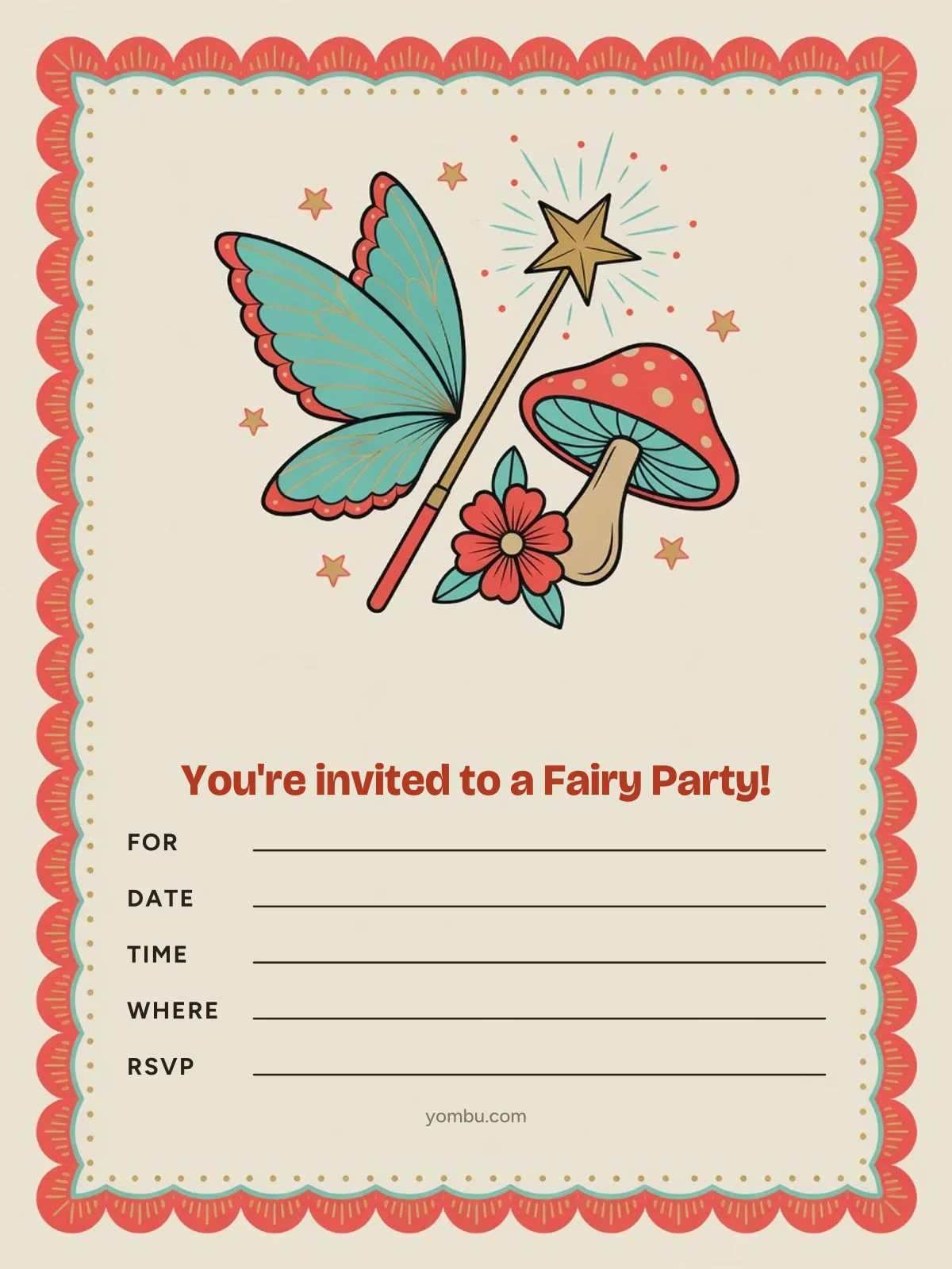 Printable fairy party invitation card with a small painted fairy door, toadstools and ferns, and blank lines for the date, time and address