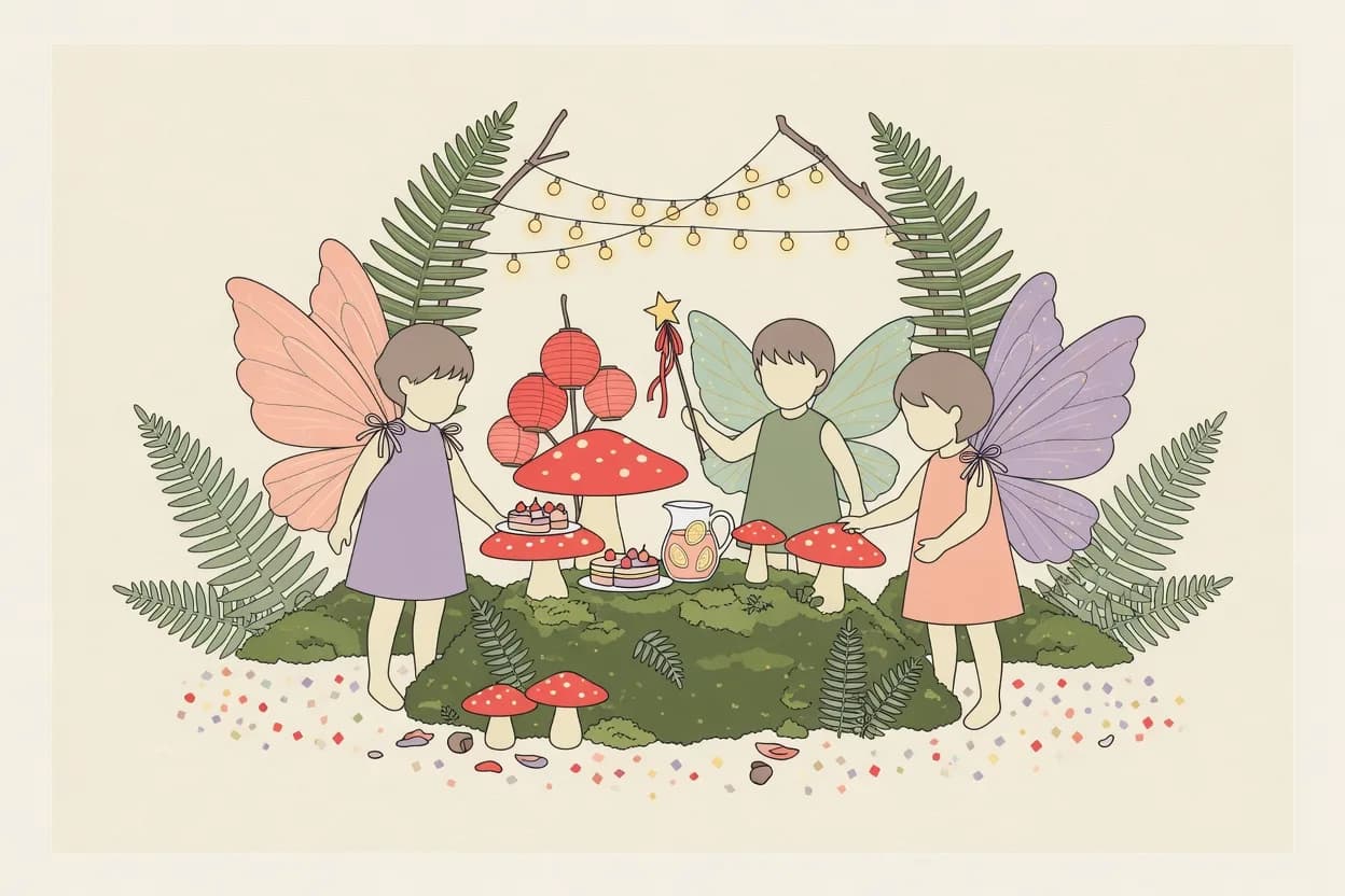Illustration of a small woodland fairy garden party with toadstool decorations, moss, string lights and children in paper wings among ferns