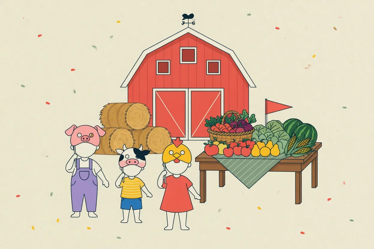 Illustration of a farm party with a red barn backdrop, hay bales, paper animal masks and a farm-stand table of fruit and vegetables
