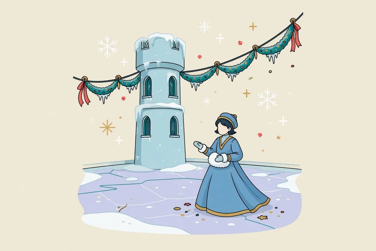 Illustration of a cartoon ice-princess birthday party in a living room, with a cardboard ice castle backdrop, silver and blue balloons, paper snowflakes hanging from the ceiling, and a white-frosted cake