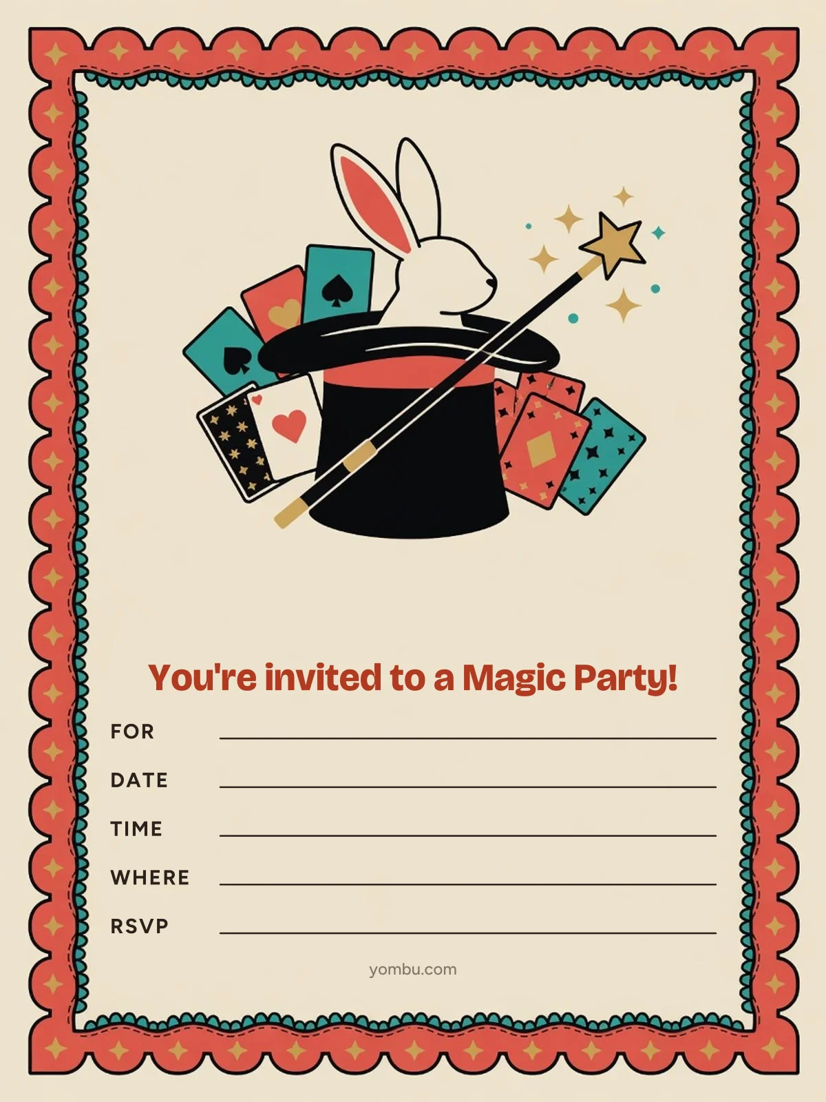 Printable magic party invitation card with a black top hat, a wand and gold stars illustration, with blank lines for the date, time and address