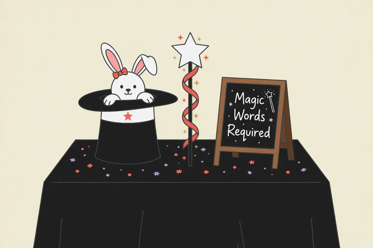 Illustration of a kids' magic party table with a black tablecloth, a top hat with a stuffed rabbit peeking out, a wand-shaped centerpiece and a chalkboard sign reading Magic Words Required