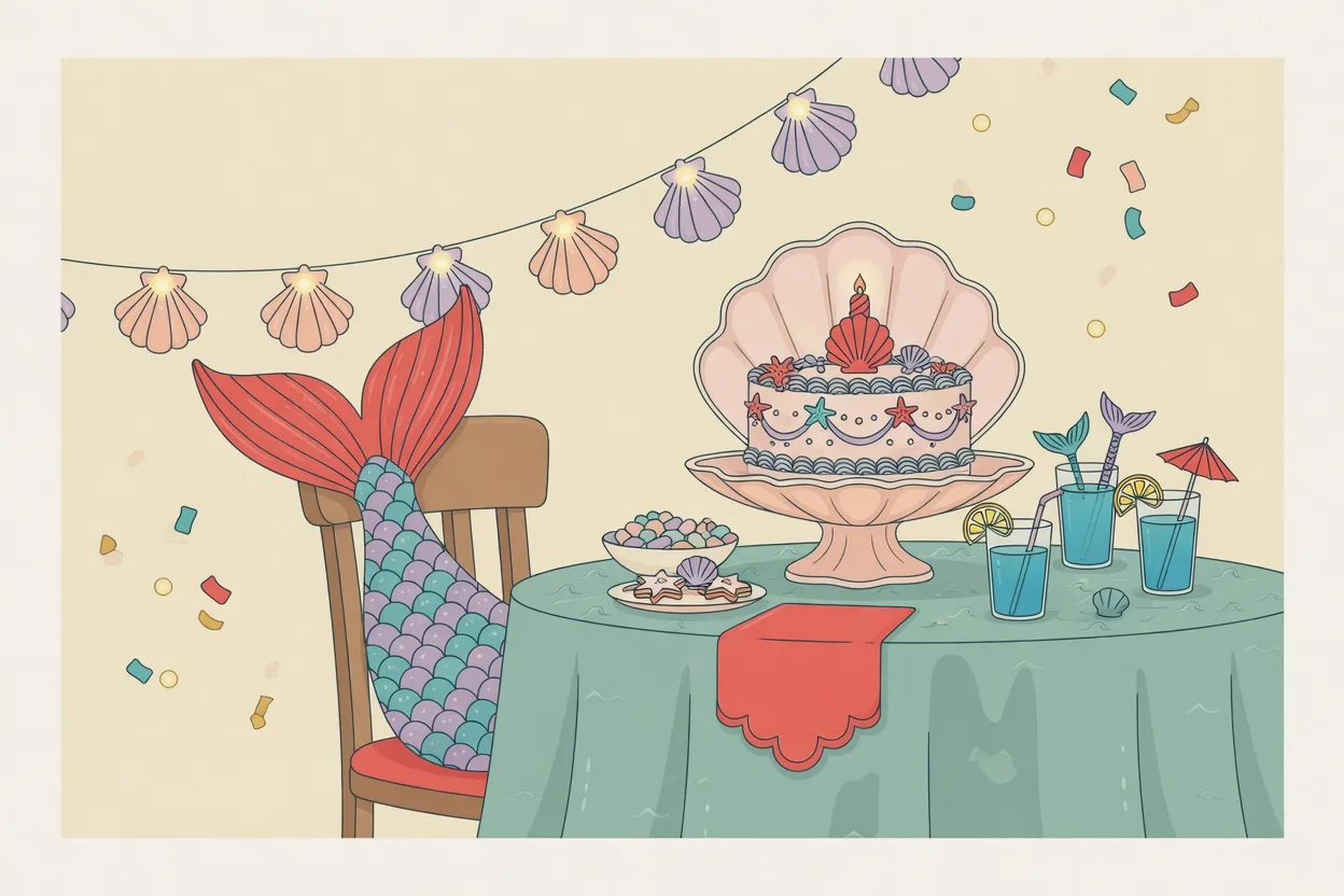 Illustration of a mermaid party table with a shimmering fabric tail draped over a chair, a shell-shaped cake stand, string lights in shells, and glasses of blue lagoon punch