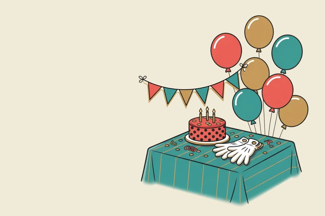 Illustration of a cartoon clubhouse birthday party scene with red, black and yellow decor, round two-circle ear-shaped balloon clusters, and a polka-dot bow cake on a table