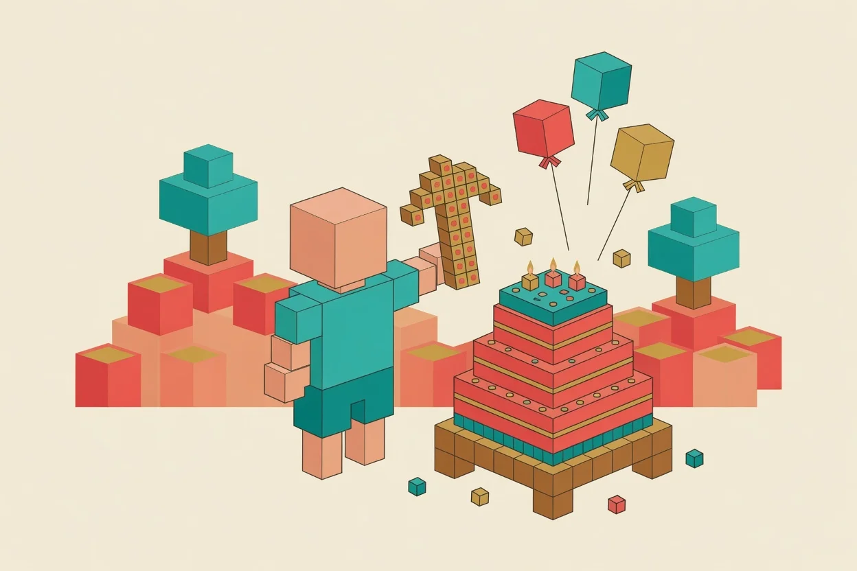 Illustration of a blocky, pixel-art birthday party scene with gray cube-shaped decorations, a green blocky monster balloon, string lights shaped like torches, and a square pickaxe-shaped cake on a table