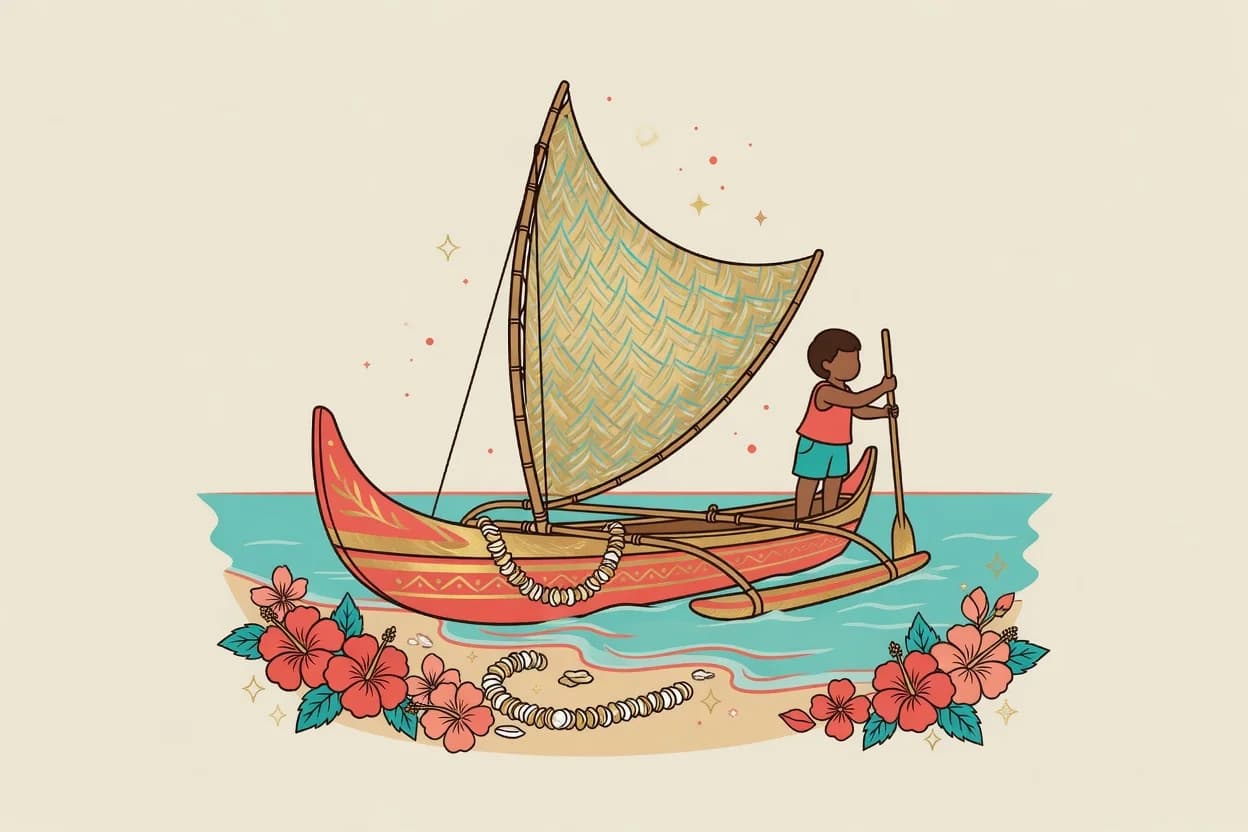 Illustration of a cartoon island-voyager birthday party on a backyard beach setup, with turquoise and coral balloons, paper palm leaves, a cardboard canoe prop and a coconut-topped cake on a driftwood table