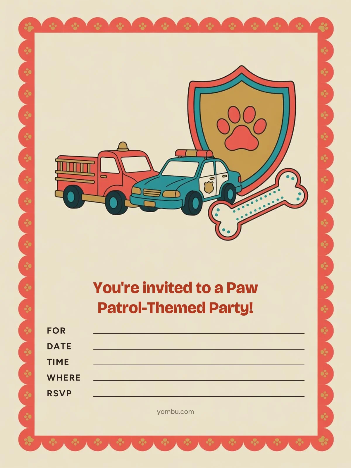 Printable puppy-rescue party invitation card with a badge and paw-print border, a blue and red color scheme, and blank lines for the date, time and address