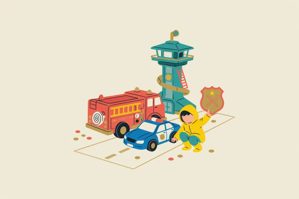 Illustration of a cartoon puppy-rescue birthday party in a backyard, with a cardboard fire truck, badge-shaped balloons in blue and red, and a paw-print trail leading to a snack table