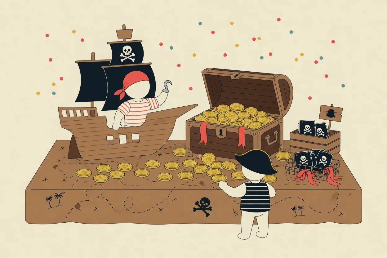 Illustration of a pirate party table with a brown-paper treasure map tablecloth, a cardboard ship photo prop, a chest overflowing with gold-foil chocolate coins, and an eye-patch favor station