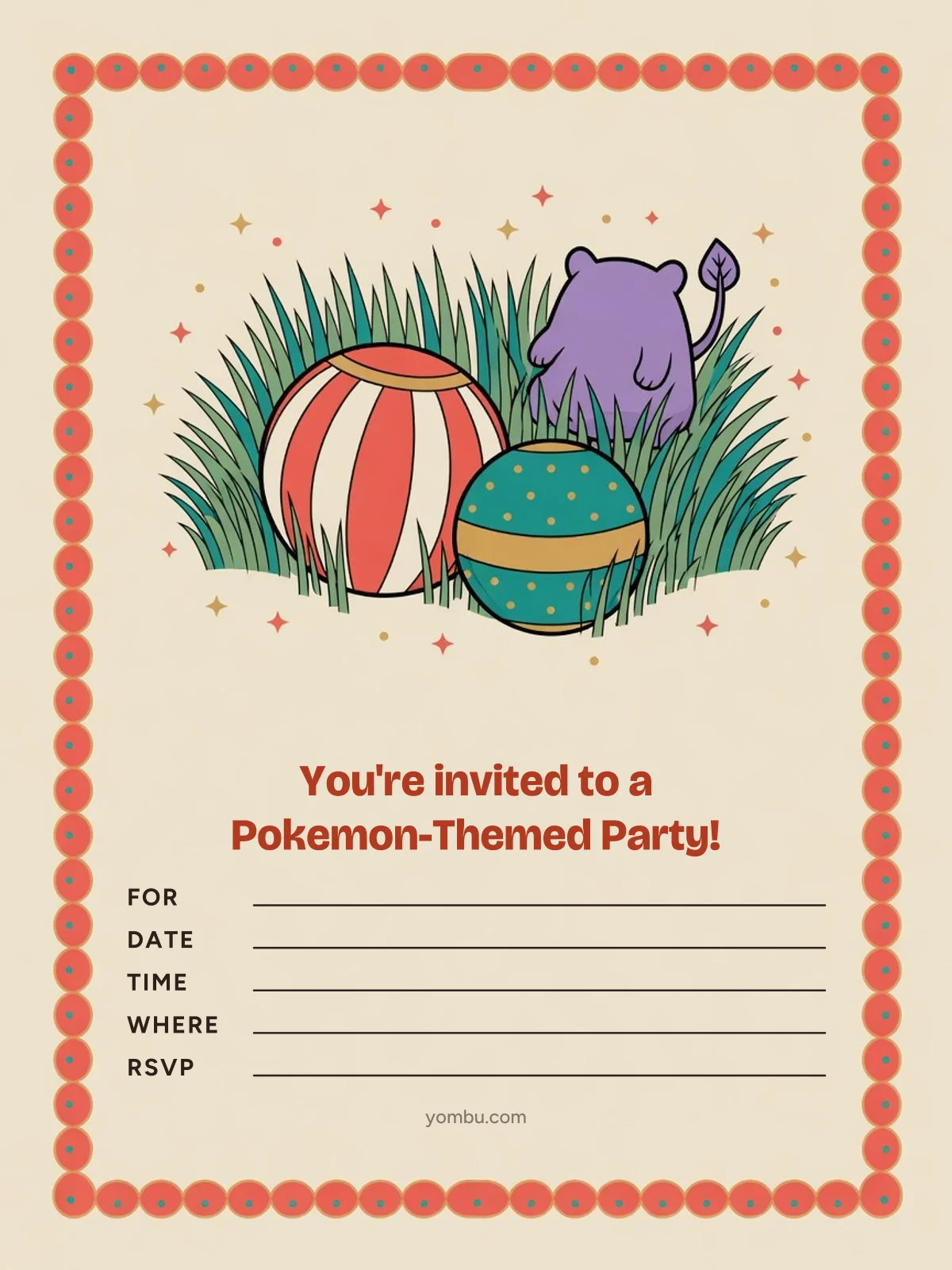 Printable creature-catching party invitation card with a red-and-white ball border, green leafy corners and blank lines for the date, time and address