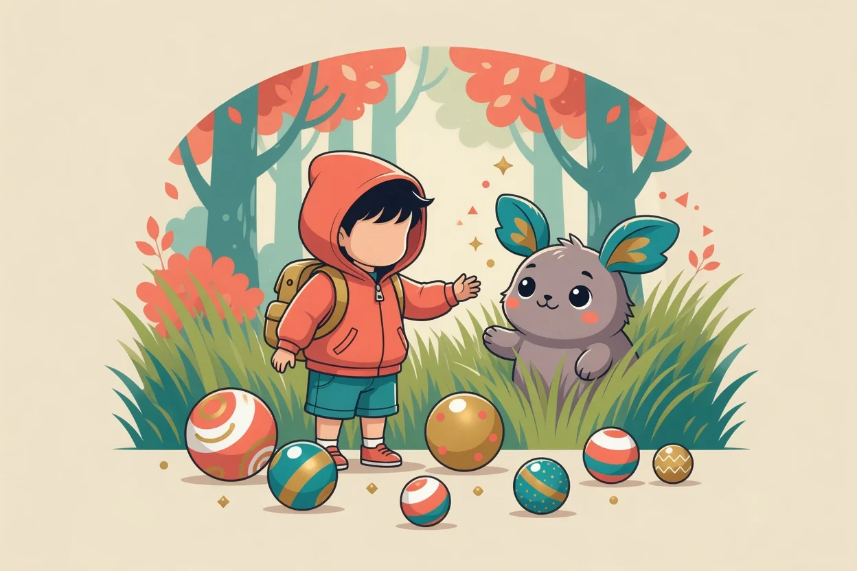 Illustration of a cartoon creature-catching birthday party scene in a grassy backyard, with red-and-white ball decorations, green leafy bunting, and a spherical striped cake on a picnic table