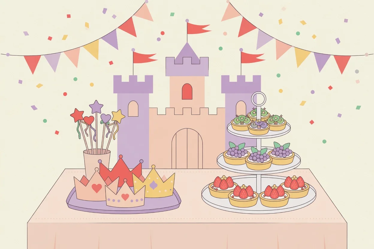 Illustration of a princess party table with a cardboard castle backdrop, a station of paper crowns and wands, pastel bunting, and a tiered tray of jeweled fruit tarts