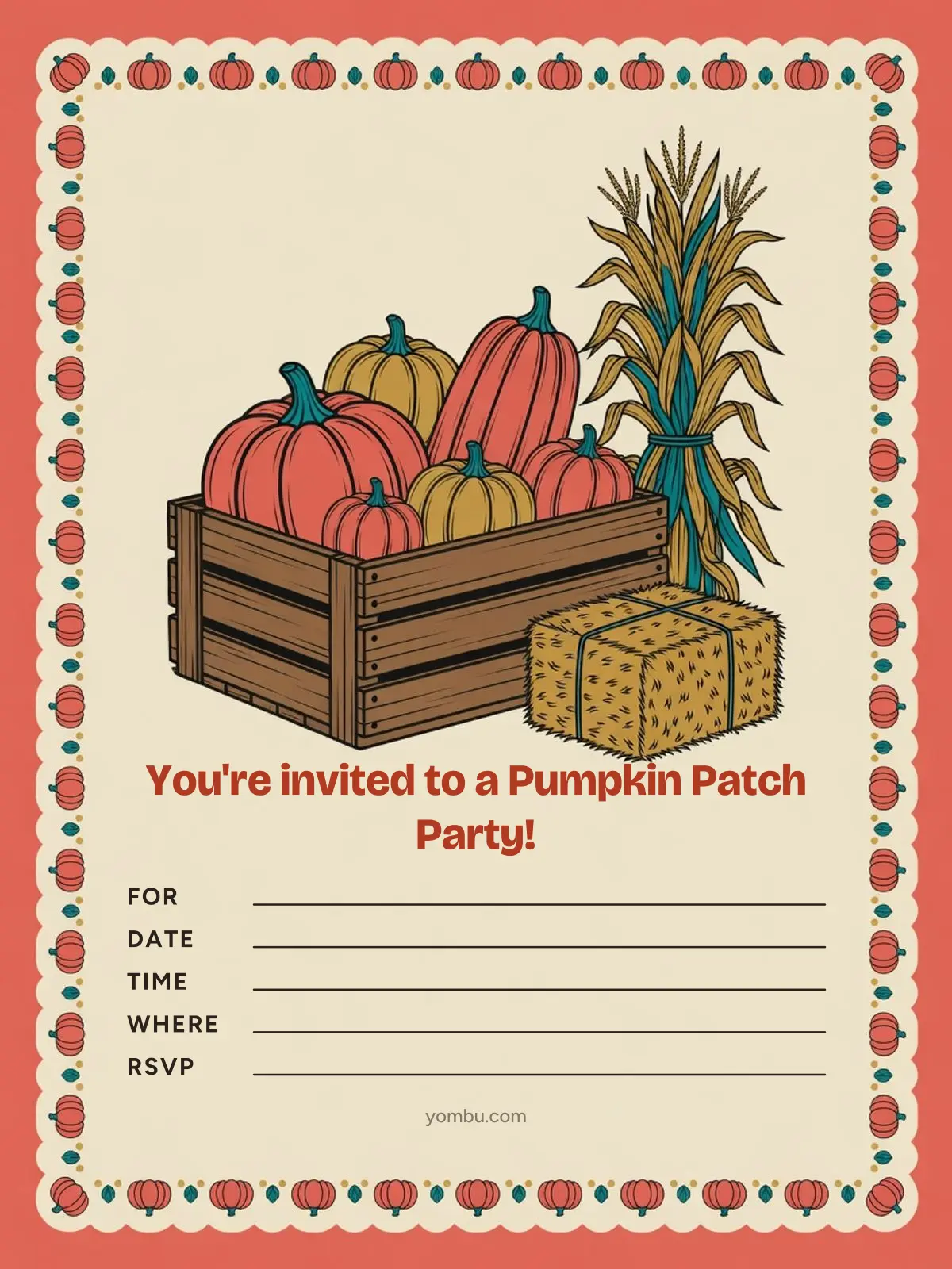 Printable pumpkin patch party invitation card with a wooden crate of pumpkins, a bundled cornstalk and a hay bale, and blank lines for the date, time and address