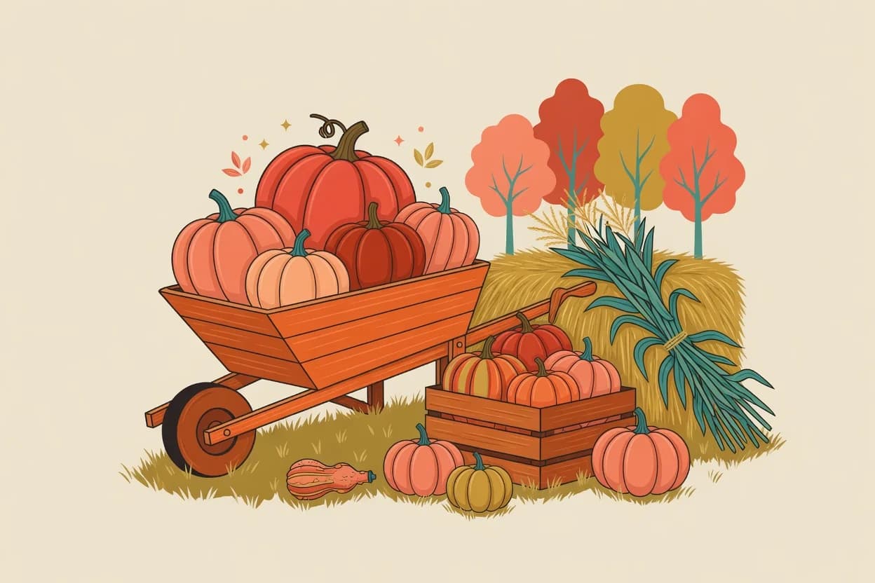Illustration of a pumpkin patch scene: a wheelbarrow and a wooden crate both piled with pumpkins in shades of red and orange, a bundled cornstalk propped beside a hay bale, small gourds in the grass, and colorful autumn trees in the background