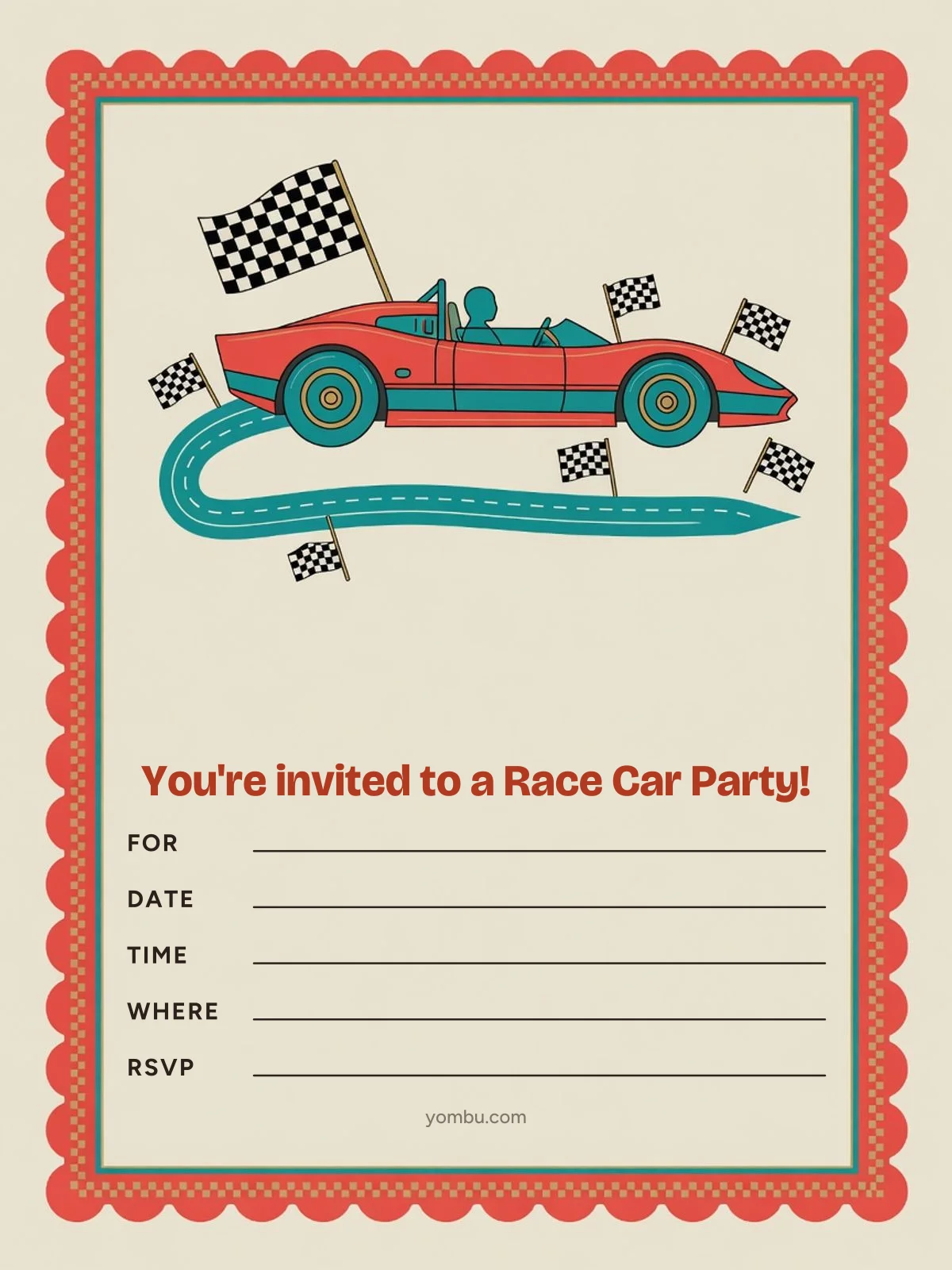 Printable race car party invitation card with a checkered flag, a cartoon race car and blank lines for the date, time and address
