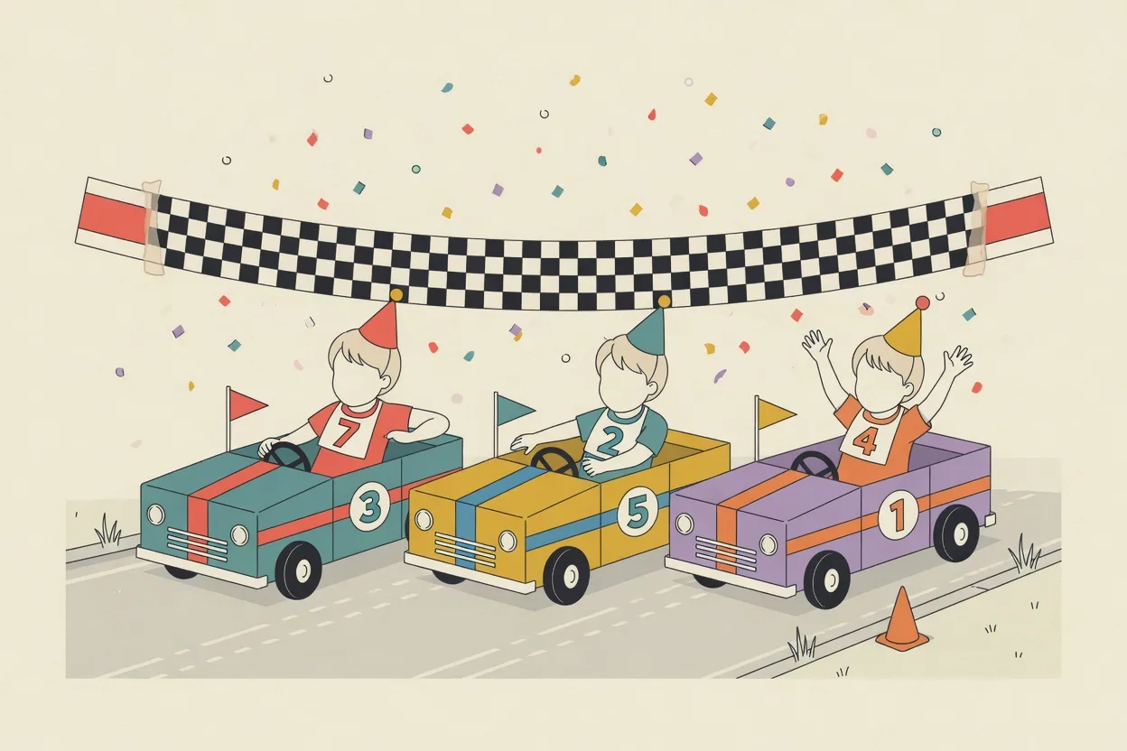 Illustration of a race car party with a checkered finish-line ribbon taped across a driveway, cardboard box cars and children in paper racing numbers