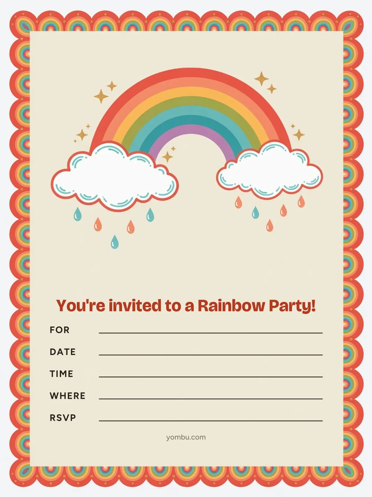 Printable rainbow party invitation card with a paper streamer arch in seven colors and blank lines for the date, time and address