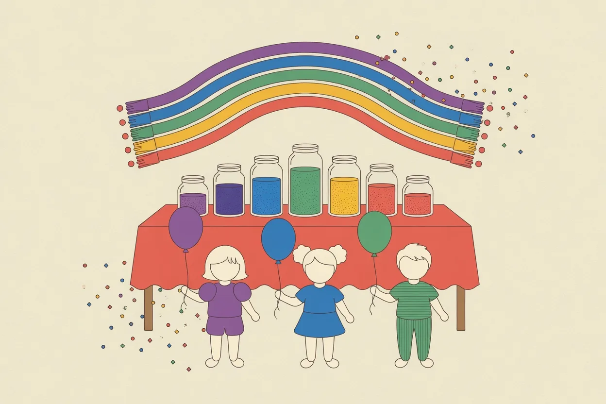 Illustration of a rainbow party table with a paper streamer arch in seven colors, jars of colored sugar and children holding matching colored balloons