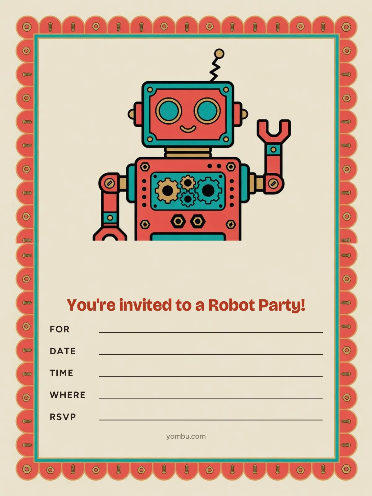 Printable robot party invitation card with a cardboard-box robot character covered in silver duct tape and bottle-cap buttons, with blank lines for the date, time and address