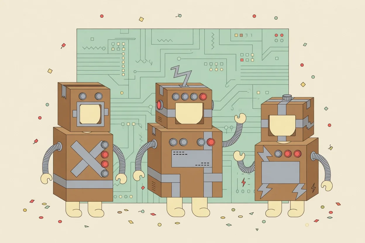 Illustration of children wearing cardboard box robot costumes decorated with silver duct tape, bottle-cap buttons and dryer-hose arms, standing in front of a paper circuit-board backdrop