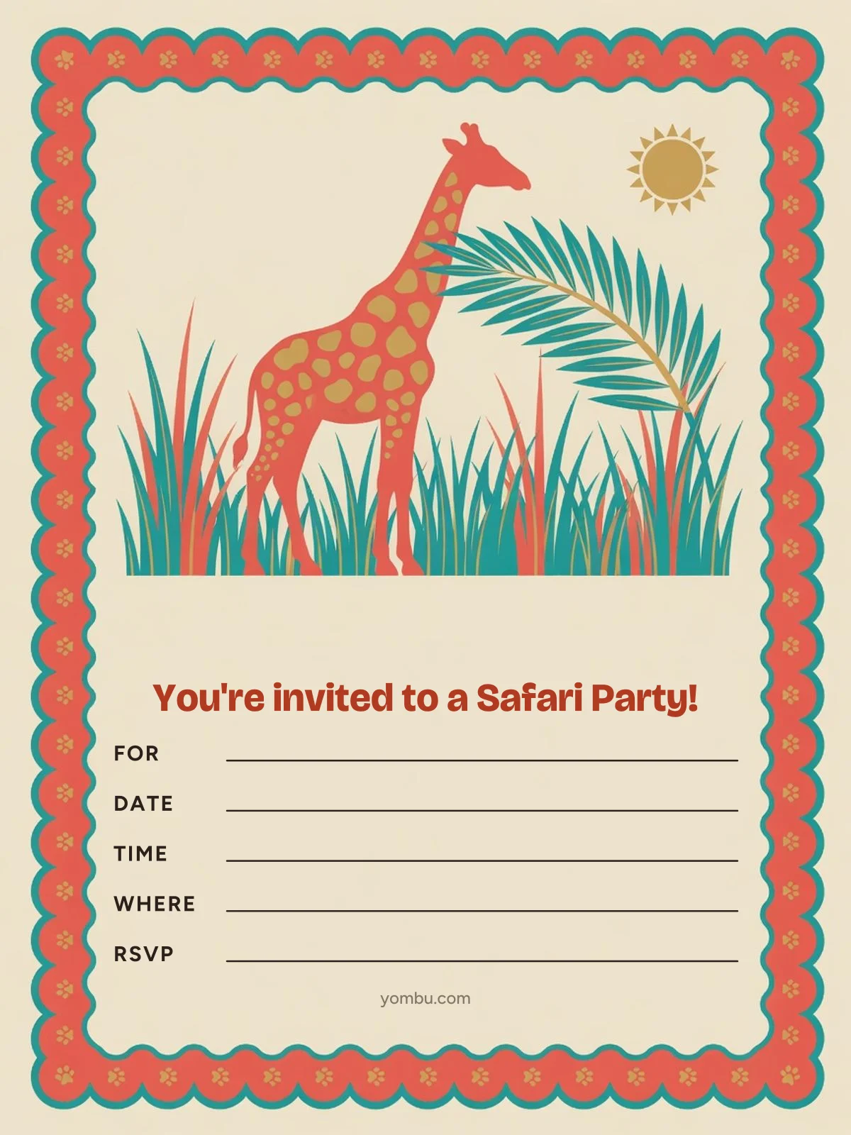 Printable safari party invitation card with a cartoon jeep driving past paper palm leaves and animal footprints, and blank lines for the date, time and address