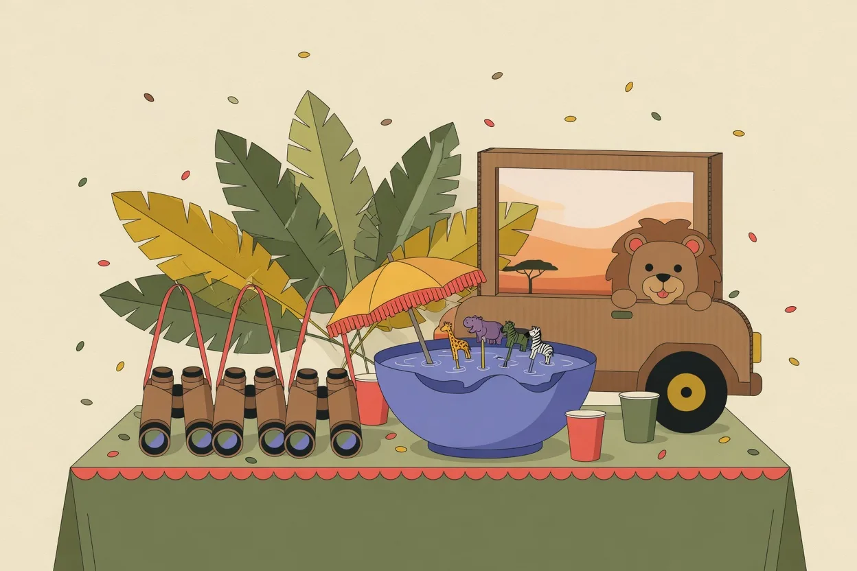 Illustration of a safari party table with paper palm leaves along the wall, a cardboard jeep photo prop, a row of toilet-roll binoculars laid out for guests, and a watering-hole punch bowl