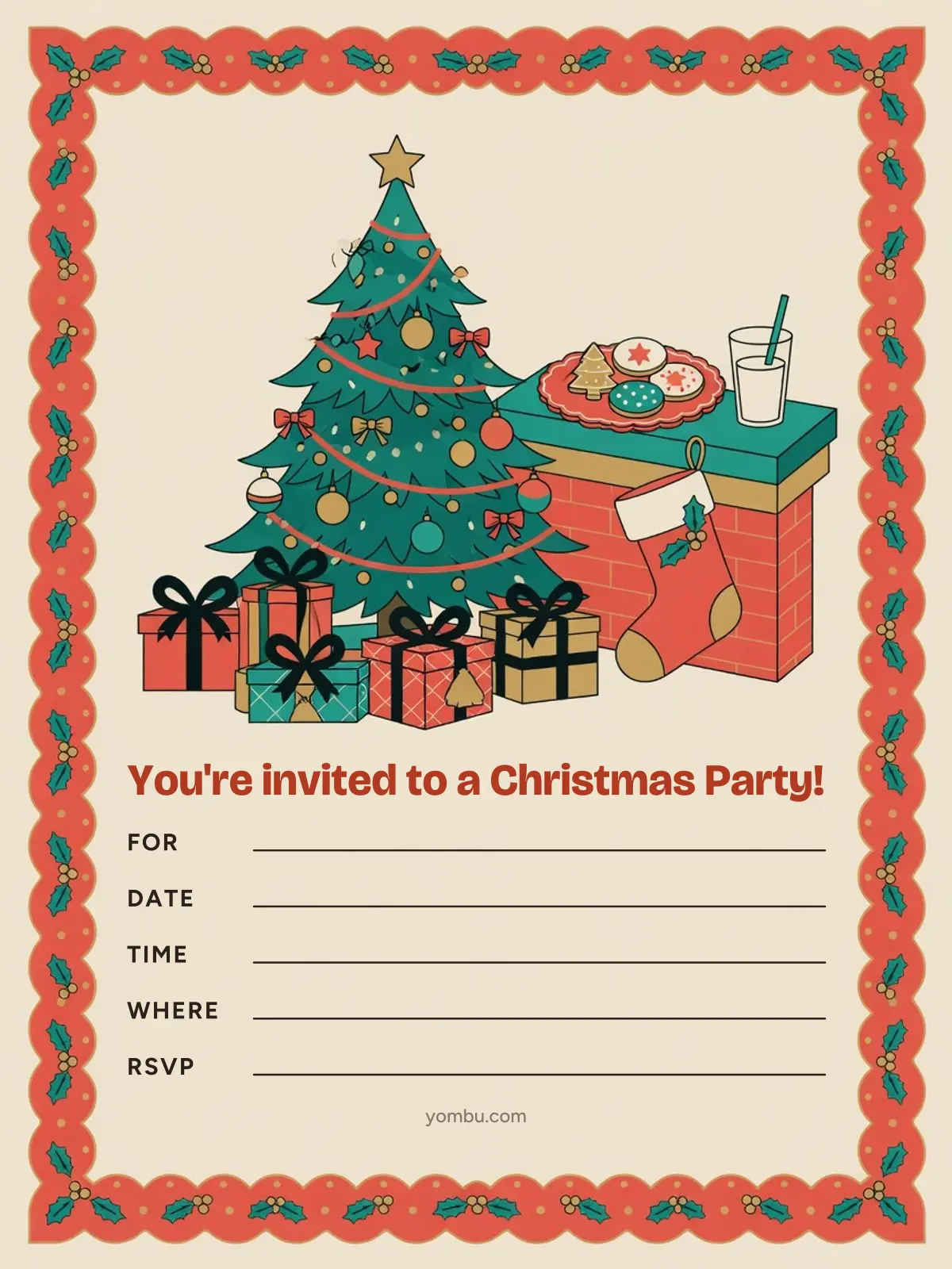 Printable Christmas party invitation card with a decorated tree, a wrapped gift and a candy cane, and blank lines for the date, time and address