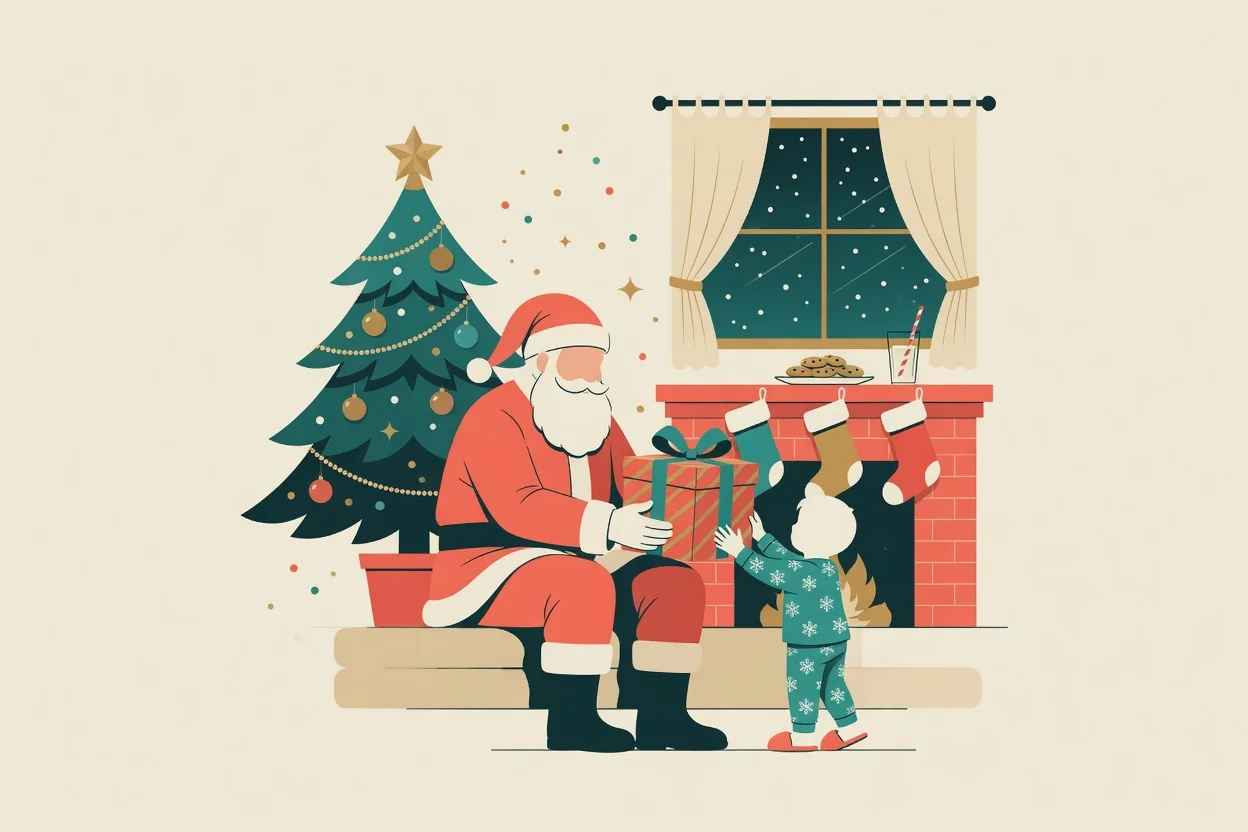 Illustration of a cozy Christmas party scene: a decorated tree with wrapped presents underneath, stockings hung on a mantel, a plate of cookies and a glass of milk on a small table, and gently falling snow visible through a window