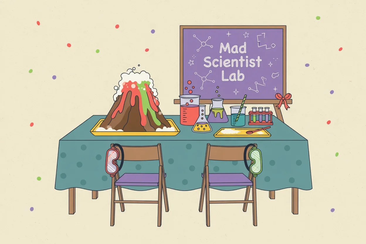 Illustration of a kids' science party lab table with colored beakers, safety goggles hung on chair backs, a foaming volcano tray and a chalkboard sign reading Mad Scientist Lab