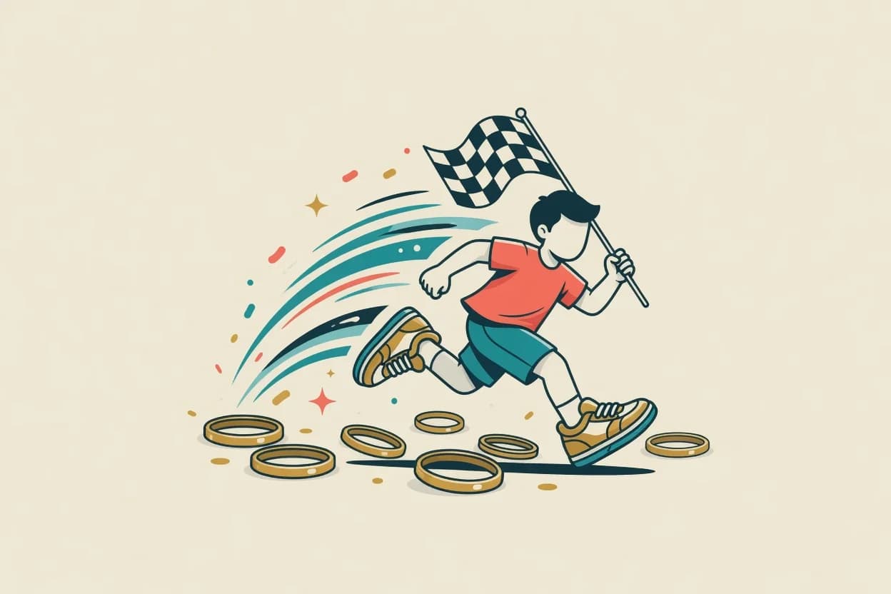 Illustration of a cartoon video-game speedway birthday party in a backyard, with blue and gold balloons, checkered-flag bunting, a chalk race track on the driveway and a ring-shaped cake on a table