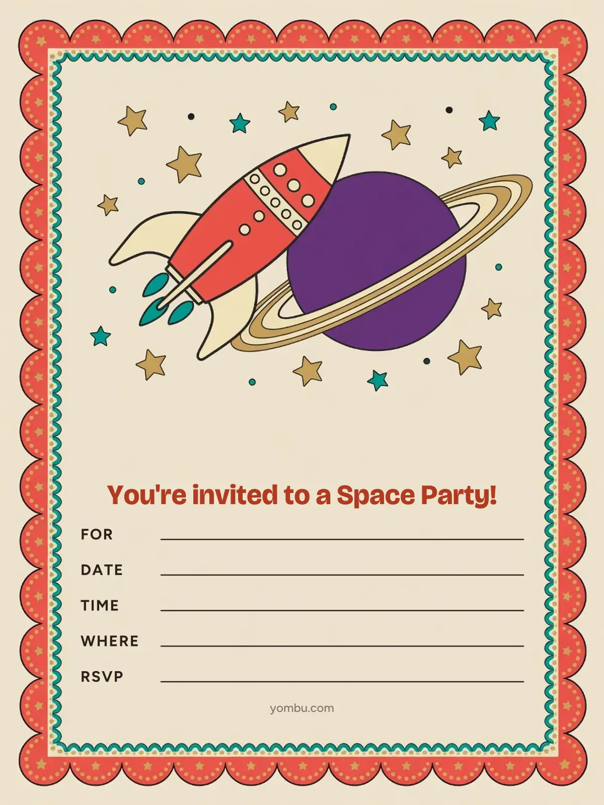 Printable space party invitation card with a cartoon rocket launching past a ringed planet and scattered stars, and blank lines for the date, time and address