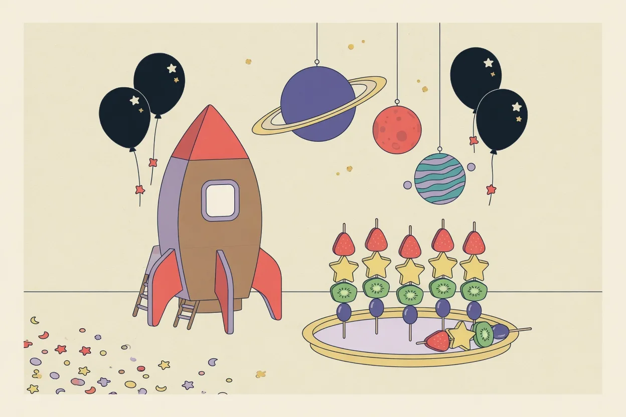 Illustration of a space party room with black balloons dotted with glow-in-the-dark star stickers, a cardboard rocket photo prop, a hanging planet mobile, and a tray of star-shaped fruit skewers