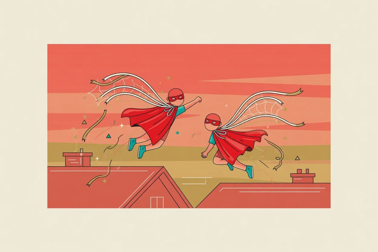 Illustration of a cartoon superhero-training birthday party in a backyard, with a yarn-web backdrop strung between two posts, red and blue balloons, and a cardboard city-skyline cutout