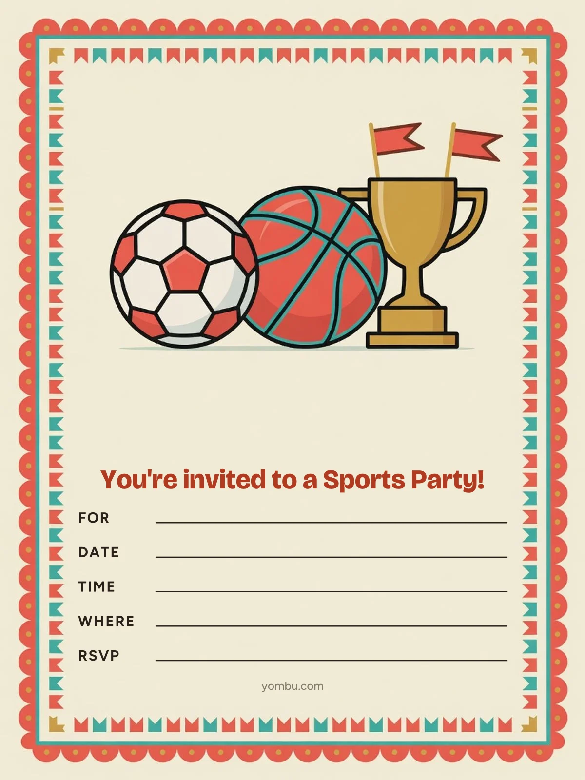 Printable sports party invitation card with colored team pennants, a ribbon medal and blank lines for the date, time and address