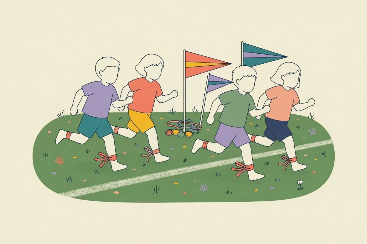 Illustration of a backyard field day with colored team pennants, a chalked finish line, ribbon medals and children racing in a three-legged race