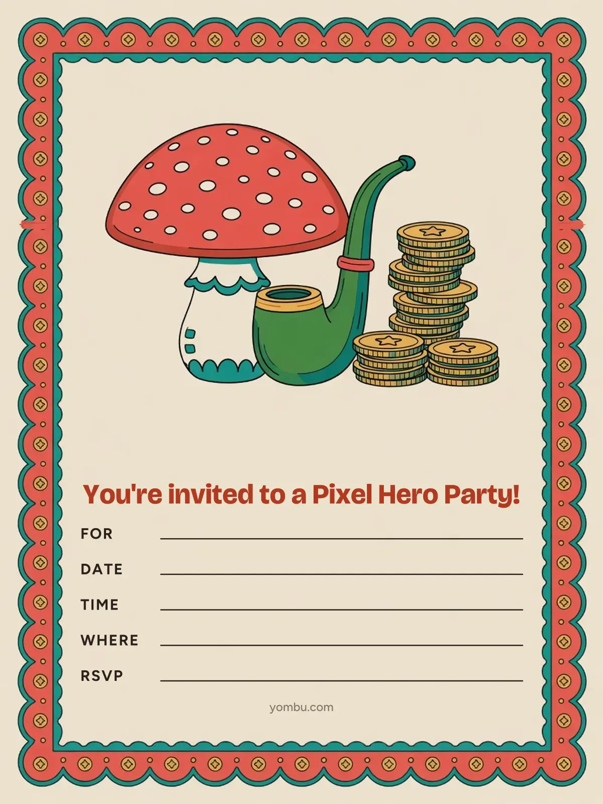 Printable retro video-game party invitation card with a green pipe and gold coin border, a red and green color scheme, and blank lines for the date, time and address