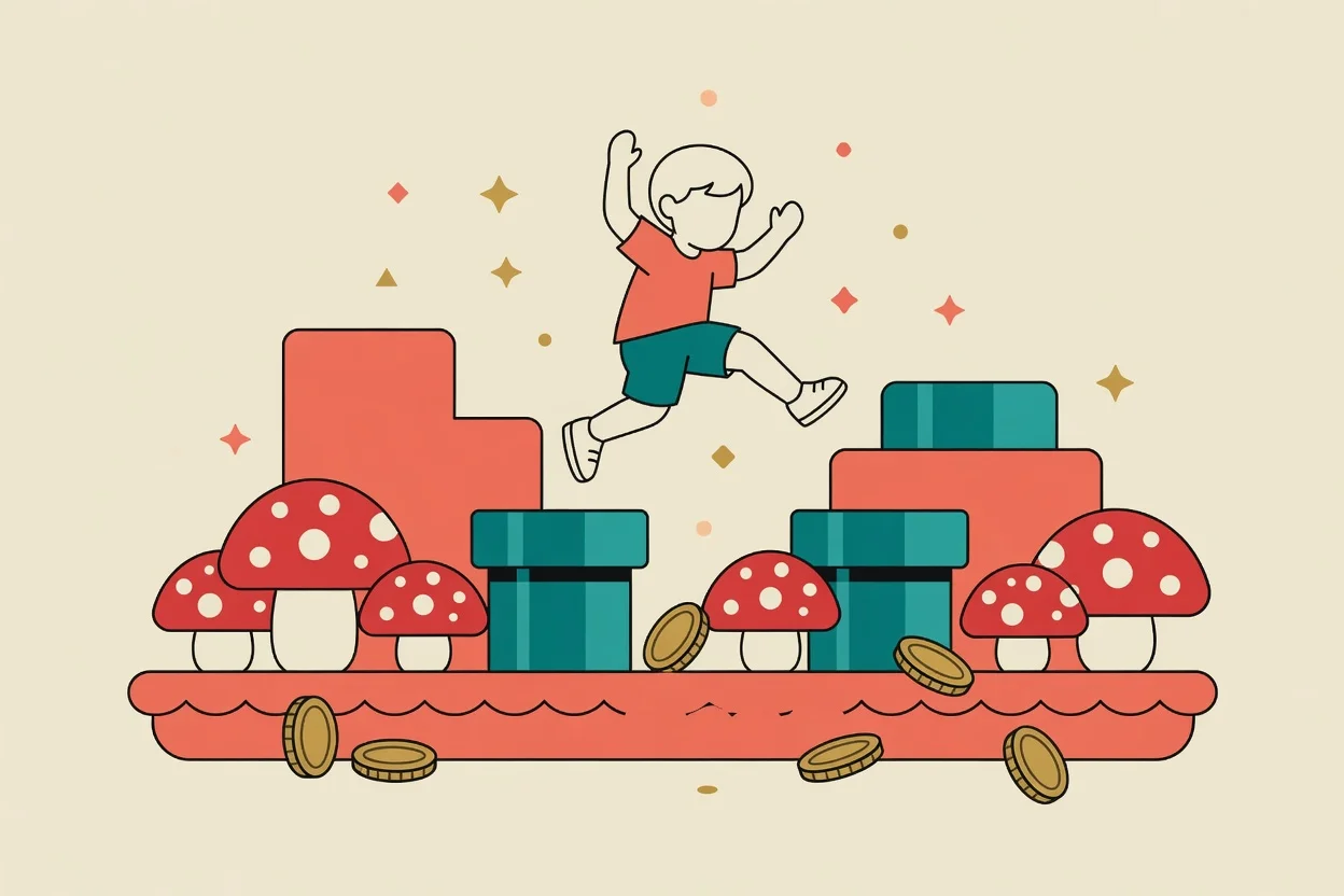 Illustration of a birthday party styled after a retro video-game world, with a green cardboard pipe, a gold coin garland, mushroom-shaped balloons, and a question-mark block piñata hanging from a tree