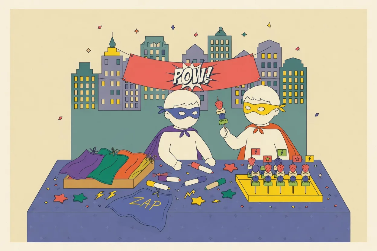 Illustration of a superhero party table with a cardboard city skyline backdrop, a cape-making station with fabric and fabric markers, comic-style POW signage, and a tray of power-up fruit skewers