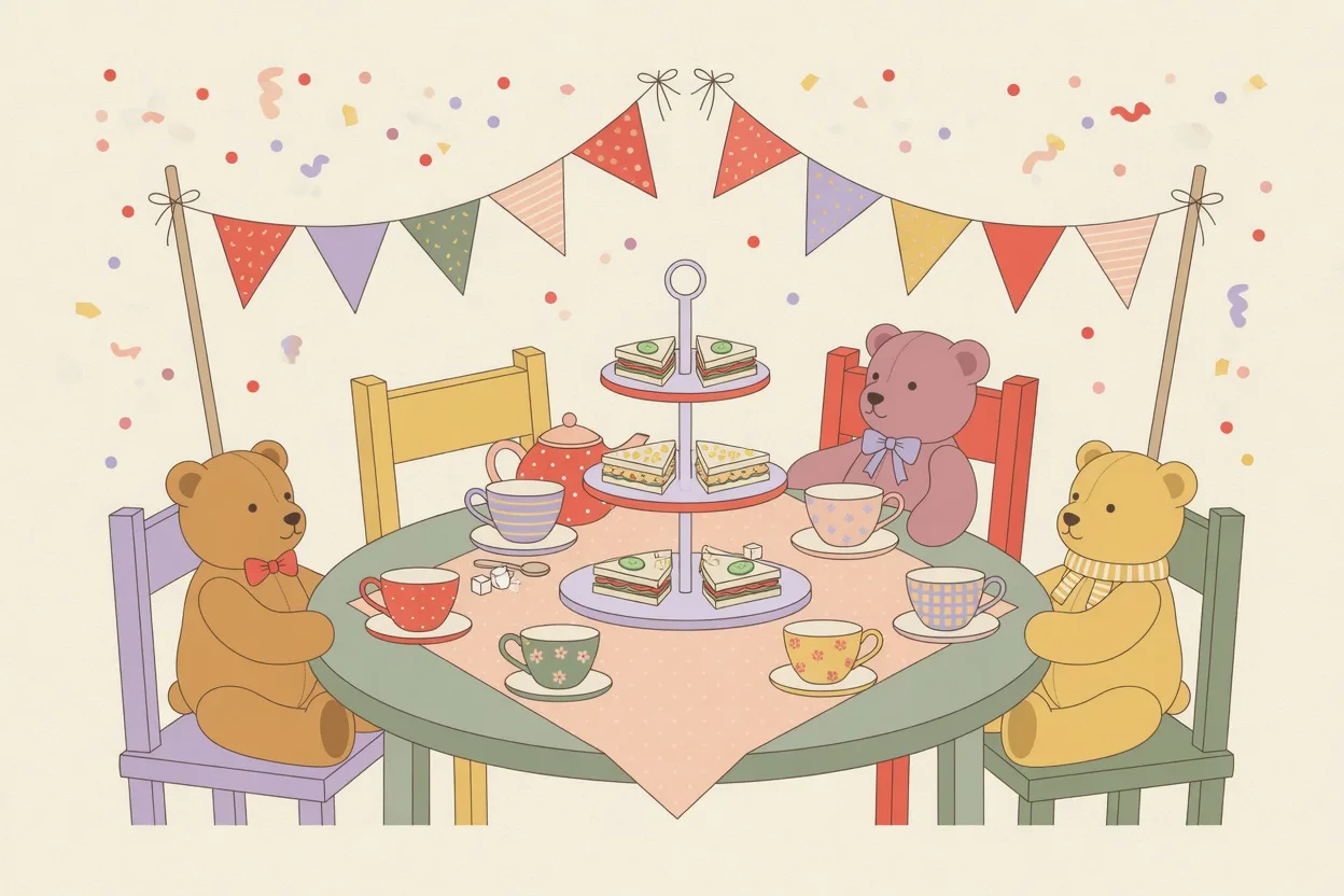 Illustration of a backyard tea party table set with mismatched teacups, a three-tiered tray of tiny sandwiches, paper bunting, and teddy bears seated in chairs around the table