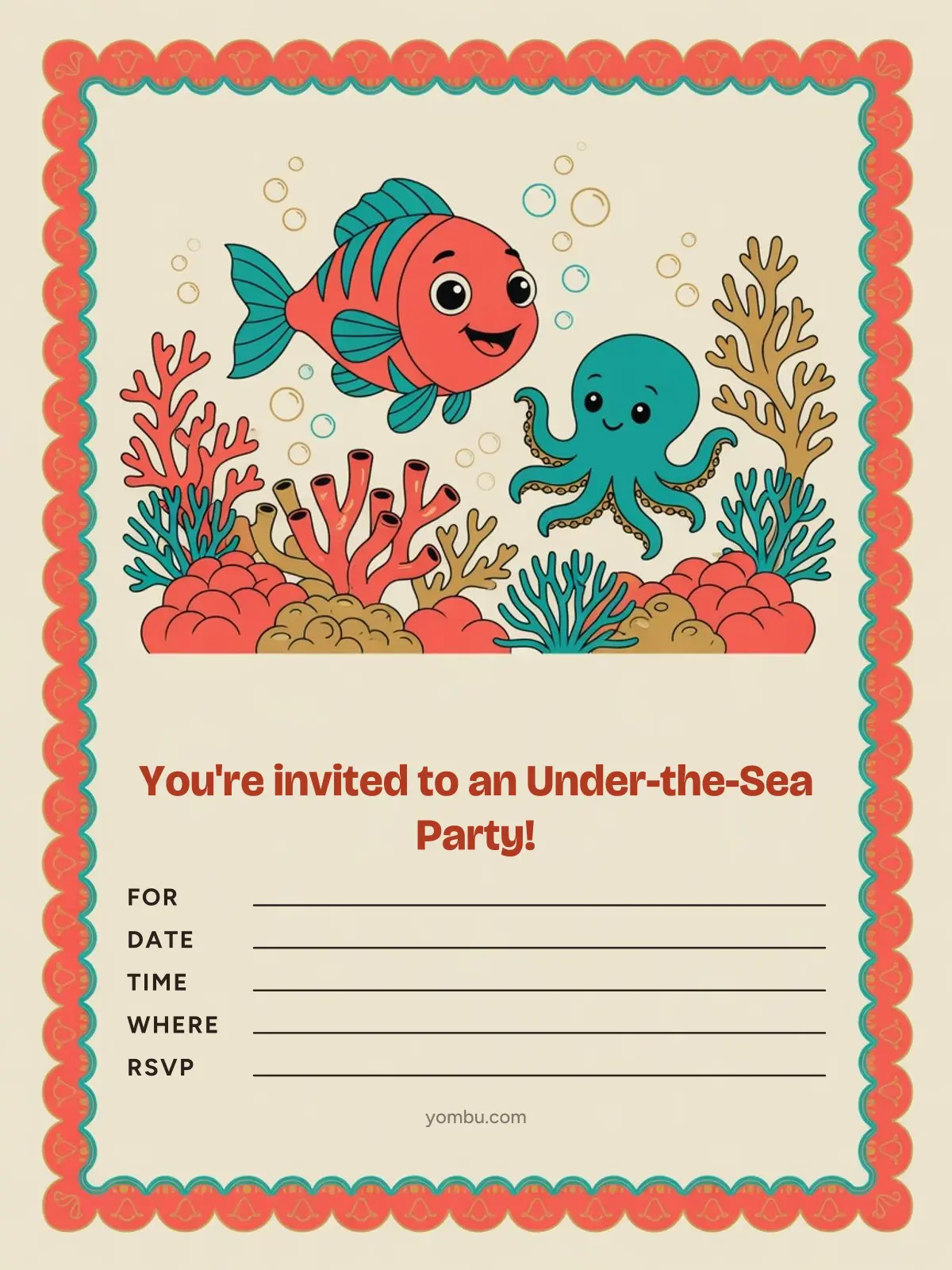 Printable under the sea party invitation card with a paper jellyfish, a cardboard octopus and bubble shapes rising through blue water, with blank lines for the date, time and address