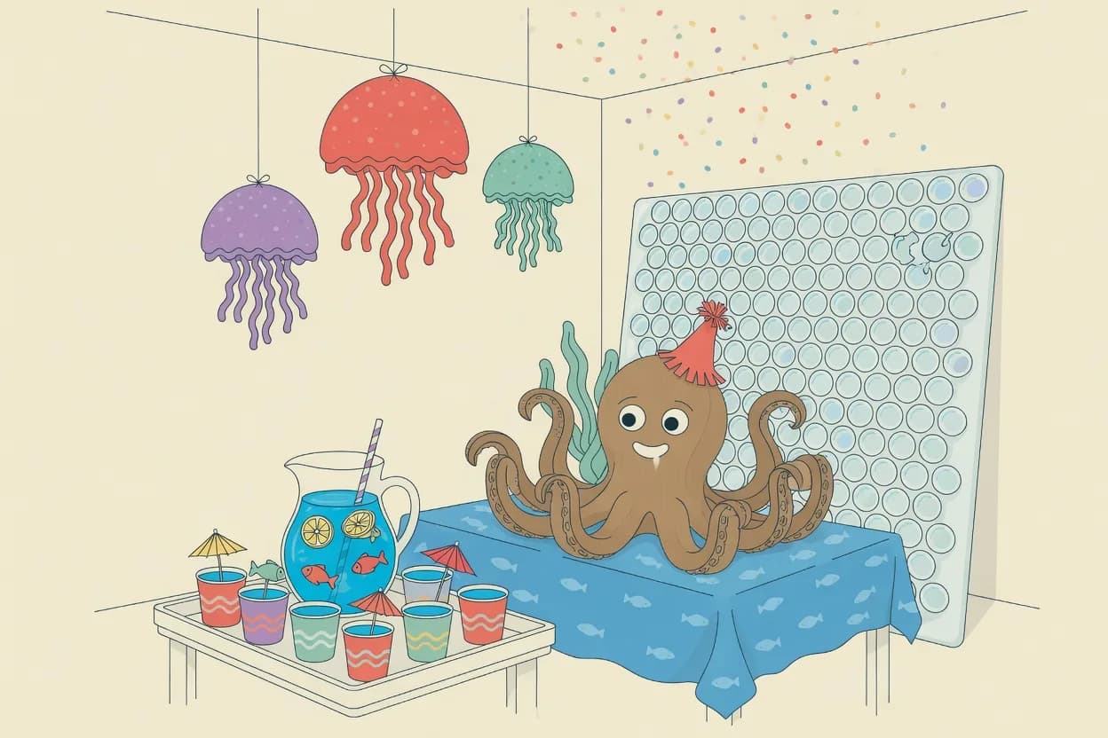 Illustration of an under the sea party room with hanging paper jellyfish, a bubble-wrap wall catching the light, a cardboard octopus centerpiece and a tray of blue ocean punch